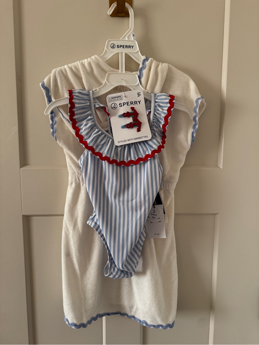 NWT Sperry Kids Striped Ruffle Swimsuit with Red Trim coverup bow size 6